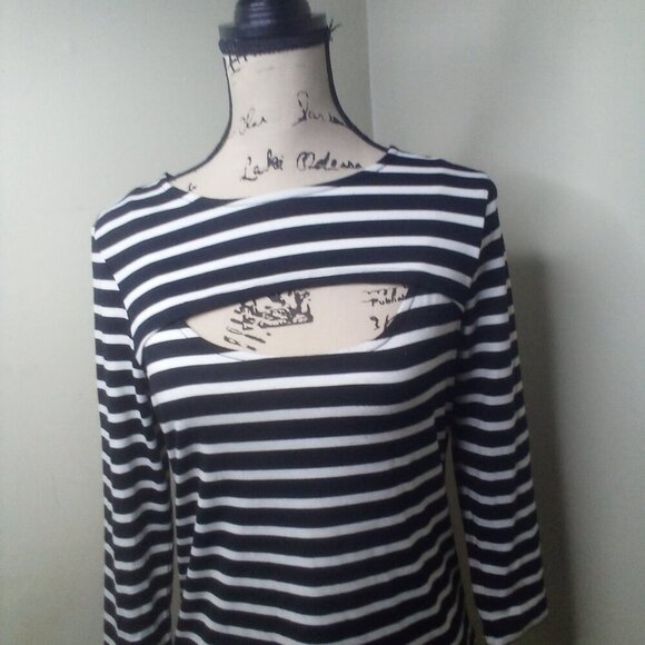 Verve Ami Shirt Women M 3/4 Sleeve Cut-Out Stripe Black White - Picture 8 of 16
